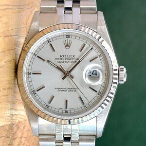 ROLEX DATEJUST SILVER INDEX DIAL 18K WHITE GOLD FLUTED STEEL JUBILEE 36 MM 16014